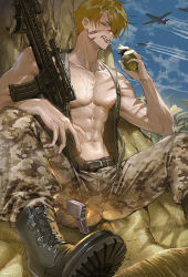 Rule 34 | 1boy, abs, aircraft, airplane, belt, black footwear, blue eyes, blush, boots, cloud, day, explosive, facepaint, grenade, holding, holding grenade, looking at viewer, male focus, navel, nipples, one piece, open clothes, open vest, outdoors, pants, runa (nori31291404), sanji (one piece), sitting, soldier, solo, teeth, thigh boots, thighhighs, toned, toned male, vest, weapon