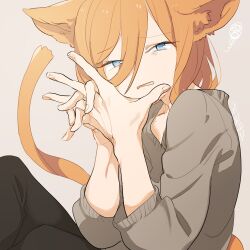 Rule 34 | 1girl, animal ears, black pants, blue eyes, brown background, brown sweater, cat ears, cat girl, cat tail, commentary request, ears down, hands up, kinutani yutaka, large hands, long sleeves, looking at viewer, medium hair, open mouth, orange hair, original, pants, simple background, solo, sweater, tail, upper body