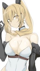 Rule 34 | 1girl, black gloves, blonde hair, borrowed character, breasts, doko tetora, elbow gloves, gloves, hand up, head tilt, highres, large breasts, leotard, long hair, looking at viewer, original, simple background, solo, twintails, upper body, white background, white leotard