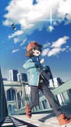 Rule 34 | 1boy, baseball cap, belt, blue jacket, brown eyes, brown hair, building, clenched hands, cloud, commentary, creatures (company), day, fence, game freak, gen 5 pokemon, hat, highres, hilbert (pokemon), jacket, long sleeves, male focus, moji (ld ipx), nintendo, open mouth, outdoors, pants, pidove, pokemon, pokemon (creature), pokemon bw, red footwear, running, shadow, shoes, sky, smile, standing, symbol-only commentary, teeth, tongue