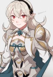 Rule 34 | 1girl, armor, blush, cape, commentary request, corrin (female) (fire emblem), corrin (fire emblem), fire emblem, fire emblem fates, grey background, grey hair, grey shirt, highres, long hair, long sleeves, looking at viewer, nintendo, peach11 01, pointy ears, red eyes, shirt, shoulder armor, simple background, smile, solo, upper body, very long hair