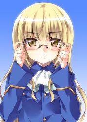 Rule 34 | 1girl, adjusting eyewear, ascot, blonde hair, blue background, blue jacket, blush, closed mouth, commentary, frown, glasses, gradient background, highres, jacket, kuroi mimei, long hair, long sleeves, looking at viewer, military, military uniform, perrine h. clostermann, rimless eyewear, short hair, solo, strike witches, uniform, upper body, white ascot, world witches series, yellow eyes