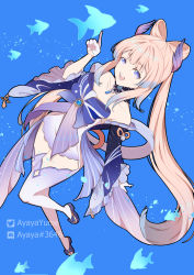 Rule 34 | 1girl, absurdres, ayayayume, bare shoulders, blue background, blue eyes, bow, bowtie, detached collar, fish, frilled sleeves, frills, genshin impact, gloves, hair ornament, highres, long hair, open mouth, pink hair, sangonomiya kokomi, shorts, simple background, solo, thighhighs, watermark, white gloves, wide sleeves