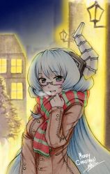 Rule 34 | 1girl, 2017, :d, blue eyes, blue hair, blush, breasts, breath, brown coat, coat, commentary, english text, enpera, glasses, hair between eyes, highres, house, isaki tanaka, jewelry, kami jigen game neptune v, kiseijou rei, large breasts, long hair, long sleeves, looking at viewer, merry christmas, neptune (series), night, open mouth, outdoors, ring, scarf, semi-rimless eyewear, signature, smile, solo, standing, star (sky), striped clothes, striped scarf, traditional media, under-rim eyewear, upper body, very long hair, wedding band