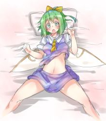 Rule 34 | 1girl, breasts, clothes lift, daiyousei, fairy, fairy wings, green eyes, green hair, hair ribbon, large breasts, lying, matching hair/eyes, necktie, open mouth, ototobe, pillow, ribbon, shirt lift, skirt, skirt set, solo, touhou, wings