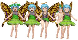 Rule 34 | 1girl, antennae, aqua hair, barefoot, black leotard, blush, butterfly wings, closed mouth, collarbone, completely nude, d.koutya, dress, eternity larva, fairy, full body, green dress, hair between eyes, insect wings, leaf, leaf on head, leotard, multicolored clothes, multicolored dress, multiple views, nude, o o, open mouth, short hair, short sleeves, simple background, single strap, smile, standing, sweatdrop, tachi-e, torn clothes, torn dress, touhou, white background, wings, yellow eyes