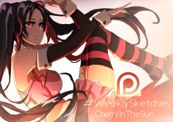Rule 34 | 1girl, black hair, breasts, cherry in the sun, closed mouth, commentary, crop top, detached sleeves, english commentary, hair ribbon, high school dxd, large breasts, long hair, looking at viewer, midriff, pink eyes, ribbon, serafall leviathan, sketch, skirt, smile, solo, striped clothes, striped thighhighs, thighhighs, twintails