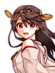 Rule 34 | 10s, 1girl, :d, brown eyes, brown hair, detached sleeves, hair ornament, hairband, haruna (kancolle), japanese clothes, kantai collection, long hair, looking at viewer, looking back, miko, nontraditional miko, open mouth, personification, ryuuri (aoithigo), smile, solo, white background