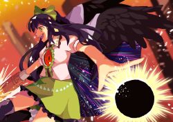 Rule 34 | 1girl, arm cannon, black hole, black thighhighs, black wings, bow, brown hair, cape, center frills, collared shirt, commentary request, extra eyes, eyelashes, feathered wings, fiery background, fire, frilled shirt collar, frilled skirt, frills, gradient background, green bow, green skirt, hair bow, highres, incoming attack, korean commentary, long hair, miniskirt, open mouth, orange background, outstretched arm, pillar, ponytail, puffy short sleeves, puffy sleeves, red background, reiuji utsuho, shirt, short sleeves, sign, skirt, smile, space print, star (sky), starry sky print, teeth, thighhighs, touhou, upper teeth only, waiwa way, warning sign, warning sign eyes, weapon, white cape, white shirt, wings