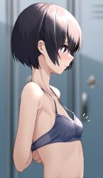 Rule 34 | 1girl, absurdres, adjusting bra, adjusting clothes, arms behind back, black hair, blue bra, blush, bra, breasts, closed mouth, commentary request, from side, highres, indoors, kiona (giraffe kiona), notice lines, original, purple eyes, short hair, small breasts, solo, underwear, underwear only, undressing