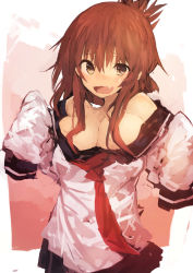 Rule 34 | absurdres, bare shoulders, breasts, brown hair, cleavage, commentary, fang, folded ponytail, highres, inazuma (kancolle), kaamin (mariarose753), kantai collection, large breasts, long hair, neckerchief, pleated skirt, red neckerchief, school uniform, serafuku, skirt, sleeves past wrists, solo, sweatdrop, yellow eyes
