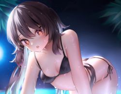 Rule 34 | 1girl, :o, all fours, arched back, bare shoulders, bikini, black bikini, blush, breasts, brown hair, butt crack, dot nose, flower-shaped pupils, genshin impact, highres, hu tao (genshin impact), long hair, looking at viewer, neit ni sei, night, night sky, outdoors, red eyes, revision, side-tie bikini bottom, sky, small breasts, solo, swimsuit, symbol-shaped pupils, twintails, water, wet, wet hair