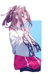 Rule 34 | 1girl, absurdres, blush, brown eyes, brown hair, cropped legs, hachimaki, hakama, hakama shorts, headband, highres, japanese clothes, kantai collection, long hair, long sleeves, looking at viewer, own hands together, parted lips, ponytail, red hakama, shorts, simple background, solo, spmkwy, two-tone background, wide sleeves, zuihou (kancolle)