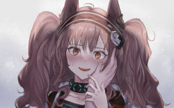 Rule 34 | 1boy, 1girl, absurdres, angelina (arknights), animal ears, arknights, blush, brown eyes, brown hair, collar, collarbone, commentary request, fox ears, gradient background, grey background, hairband, hakua mill, hand on another&#039;s cheek, hand on another&#039;s face, hetero, highres, holding another&#039;s wrist, infection monitor (arknights), long hair, looking at viewer, nose blush, pov, red hairband, solo focus, sweat, twintails, two-tone hairband, upper body, wide-eyed