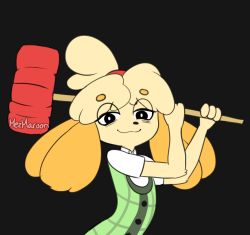 Rule 34 | 1girl, :3, animal crossing, animal ears, arms up, artist name, black background, black eyes, blonde hair, closed mouth, dog ears, dog girl, female focus, flat chest, furry, furry female, green vest, hair tie, half-closed eyes, hammer, highres, holding, holding weapon, isabelle (animal crossing), jpeg artifacts, looking at viewer, mezmaroon, nintendo, plaid, plaid vest, shirt, short hair, short sleeves, signature, simple background, smile, solo, super smash bros., topknot, upper body, vest, weapon, white shirt, yandere