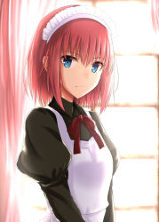 Rule 34 | 1girl, apron, blue eyes, blurry, blurry background, closed mouth, commentary request, curtains, hisui (tsukihime), indoors, juliet sleeves, long sleeves, looking at viewer, maid, maid apron, maid headdress, neck ribbon, pink hair, puffy sleeves, ram hachimin, red ribbon, ribbon, short hair, solo, standing, tsukihime, upper body, window, wing collar