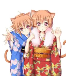 Rule 34 | 2girls, alternate costume, animal ears, arm around neck, blush, brown hair, cat ears, cat tail, facial mark, fire emblem, fire emblem: radiant dawn, floral print, hand on shoulder, japanese clothes, jiino, kimono, lethe (fire emblem), lyre (fire emblem), multiple girls, nintendo, outstretched hand, parted lips, paw pose, short hair, siblings, simple background, sisters, smile, tail, twins, white background