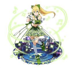 Rule 34 | 1girl, arm strap, beamed quavers, blonde hair, bow, braid, breasts, choker, cleavage, crop top, crown, detached collar, floating hair, full body, gloves, green bow, green eyes, green footwear, green necktie, hair between eyes, hair bow, high ponytail, holding, holding microphone, idol, kneehighs, large breasts, layered skirt, leafa, leg up, long hair, looking at viewer, microphone, midriff, mini crown, musical note, navel, necktie, pointy ears, quaver, short necktie, side braid, simple background, skirt, smile, socks, solo, standing, standing on one leg, stomach, strapless, striped clothes, striped skirt, sword art online, sword art online: memory defrag, vertical-striped clothes, vertical-striped skirt, white background, white gloves, white socks