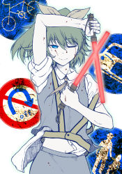 Rule 34 | 1girl, ascot, bicycles only sign, blood, blood on clothes, blood on face, blue eyes, blue skirt, blue vest, bow, closed mouth, collared shirt, commentary request, cookie (touhou), cowboy shot, daiyousei, diyusi (cookie), dual wielding, flat chest, green hair, hair bow, hanbaagu, high-visibility vest, holding, looking at viewer, medium hair, motor vehicles only sign, no u-turn sign, off (game), one eye closed, pedestrians only sign, ponytail, road sign, shirt, short sleeves, sign, skirt, smile, solo, touhou, traffic baton, unusually open eyes, vest, white background, white shirt, yellow ascot, yellow bow