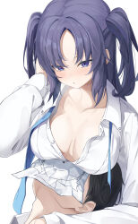 Rule 34 | 1boy, 1girl, absurdres, black hair, blue archive, blue necktie, blush, breasts, buttons, collared shirt, hayaku koko, highres, large breasts, long hair, long sleeves, necktie, paper, parted lips, purple eyes, purple hair, sensei (blue archive), shirt, short hair, simple background, two side up, undone necktie, white background, white shirt, yuuka (blue archive)