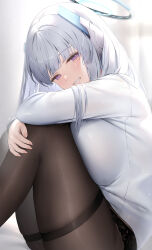 Rule 34 | 1girl, absurdres, black panties, black pantyhose, blue archive, blush, breasts, feet out of frame, fingernails, grey hair, grin, halo, hibimaru, highres, large breasts, long hair, long sleeves, looking at viewer, mechanical halo, noa (blue archive), panties, panties under pantyhose, pantyhose, purple eyes, smile, solo, thighs, underwear, white background