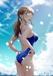 Rule 34 | 1girl, adjusting clothes, adjusting swimsuit, ass, blue one-piece swimsuit, blue sky, brown hair, cloud, competition swimsuit, day, from behind, green eyes, highres, long hair, looking at viewer, low ponytail, niwatori sennin, one-piece swimsuit, open mouth, original, outdoors, sky, solo, standing, swimsuit, wading, water, wedgie
