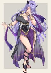 Rule 34 | 1girl, alternate costume, ancient greek clothes, armlet, bracelet, breasts, camilla (fire emblem), cleavage, dancer, dancer (fire emblem: three houses), dress, fire emblem, fire emblem: three houses, fire emblem fates, gladiator sandals, greco-roman clothes, hair over one eye, highres, jewelry, large breasts, long hair, looking at viewer, nintendo, pelvic curtain, purple eyes, purple hair, sandals, single-shoulder dress, smile, snow20200, solo