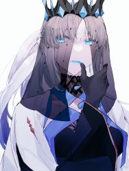 Rule 34 | 1girl, ao398739, black bow, black dress, blue eyes, blue lips, bow, braid, breasts, dress, fate/grand order, fate (series), french braid, grey hair, hair bow, long hair, long sleeves, medium breasts, morgan le fay (fate), morgan le fay (queen of winter) (fate), ponytail, smile, solo, veil, very long hair