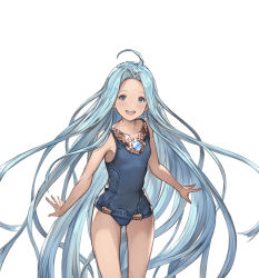 Rule 34 | 10s, 1girl, ahoge, blue eyes, blue hair, blue one-piece swimsuit, granblue fantasy, jewelry, long hair, looking at viewer, lyria (granblue fantasy), matching hair/eyes, minaba hideo, one-piece swimsuit, open mouth, simple background, smile, solo, swimsuit, very long hair, white background