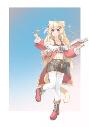Rule 34 | 1girl, animal ear fluff, animal ears, belt, blonde hair, book, boots, brown skirt, cat ears, cat girl, cat tail, coat, floating, floating book, floating object, full body, highres, long hair, long sleeves, midriff, navel, off-shoulder coat, off shoulder, original, red coat, red footwear, skirt, stomach, tail, thighhighs, white thighhighs, xiao baixiong tat, zettai ryouiki