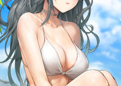 Rule 34 | 1girl, aged up, alternate breast size, bikini, blue sky, blurry, blurry background, breasts, character request, choker, cleavage, cloud, collarbone, curly hair, day, floating hair, girls&#039; frontline, greem bang, head out of frame, highres, long hair, medium breasts, open mouth, outdoors, silver hair, sitting, sky, solo, swimsuit, very long hair, white bikini