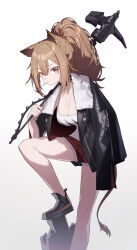 Rule 34 | 1girl, absurdres, animal ears, arknights, beudelb, black jacket, breasts, brown eyes, brown hair, cleavage, commentary, foot out of frame, gradient background, grey background, hammer, highres, holding, holding hammer, holding weapon, jacket, jacket on shoulders, large breasts, lion ears, long hair, looking at viewer, mouth hold, ponytail, red shorts, short shorts, shorts, siege (arknights), solo, standing, tank top, thighs, weapon, white background, white tank top