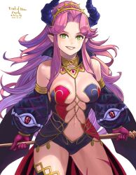 Rule 34 | 1girl, 2020, alternate costume, angela (seiken densetsu 3), artist request, bare shoulders, breasts, character name, dated, detached sleeves, earrings, eyebrows, female focus, gloves, gold trim, green eyes, hair intakes, highres, holding, holding staff, horns, jewelry, large breasts, leotard, long hair, long sleeves, looking at viewer, navel, official alternate costume, panties, parted bangs, pointy ears, puffy long sleeves, puffy sleeves, purple gloves, purple hair, seiken densetsu, seiken densetsu 3, sidelocks, simple background, single thighhigh, smile, solo, spellbinder (seiken densetsu 3), square enix, staff, standing, strapless, strapless leotard, swept bangs, teeth, thighhighs, thighs, tiara, two-tone leotard, underwear, very long hair, white background