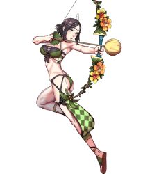 Rule 34 | 1girl, armpits, arrow (projectile), ass, bad anatomy, bare shoulders, bikini, black hair, bow (weapon), breasts, cleavage, feathers, fire emblem, fire emblem awakening, fire emblem heroes, flower, full body, hair ornament, highres, holding, holding bow (weapon), holding weapon, kusakihara toshiyuki, large breasts, leg up, nintendo, noire (fire emblem), non-web source, official art, open mouth, parted bangs, shiny skin, short hair, sidelocks, solo, swimsuit, thighs, transparent background, twisted torso, weapon