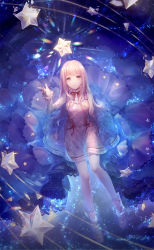 Rule 34 | absurdres, blunt bangs, bow, breasts, brown eyes, crystal, dres, dress, fabric, floating, floating object, galaxy, glowing, highres, in water, lace, long hair, long sleeves, nikki (miracle nikki), official art, outstretched hand, pink dress, pink hair, red bow, reflection, reflective water, ribbon, see-through, shining nikki, shirt under dress, sitting, socks, solo, star (sky), star (symbol), water, wet, wet clothes, white dress