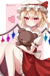 Rule 34 | 1girl, absurdres, back bow, blonde hair, blush, bow, commentary, crystal, flandre scarlet, hat, hat ribbon, heart, highres, hugging doll, hugging object, looking at viewer, mob cap, multicolored wings, naarsann, pointy ears, puffy short sleeves, puffy sleeves, red eyes, red skirt, ribbon, short sleeves, side ponytail, skirt, solo, stuffed animal, stuffed toy, teddy bear, touhou, twitter username, white bow, white hat, wings