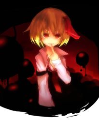 Rule 34 | 1girl, bad id, bad nicoseiga id, blonde hair, darkness, female focus, hair ribbon, long sleeves, ogami ren, onoue ren, open mouth, red eyes, ribbon, rumia, short hair, smile, solo, touhou