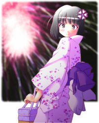 Rule 34 | 1girl, aerial fireworks, fireworks, japanese clothes, kimi kiss, kimono, nyazui, pink kimono, shijou mitsuki, solo, yukata