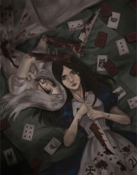 Rule 34 | 2girls, alice: madness returns, alice (alice in wonderland), alice in wonderland, alice liddell (american mcgee&#039;s alice), american mcgee&#039;s alice, black hair, blood, card, dual persona, green eyes, knife, lying, mochikko (cocoa0101), multiple girls, white hair