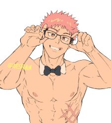 1boy abs bow bowtie glass highres itadori_yuuji jujutsu_kaisen looking_at_viewer male_focus muscular muscular_male neskuna nipples pink_hair scar scar_across_eye scar_on_face scar_on_mouth short_hair simple_background smile solo teeth twitter_username upper_body white_background