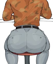 Rule 34 | 1boy, absurdres, ass, ass focus, bara, cropped head, dokeshin, grey pants, highres, huge ass, judge eyes, kaito masaharu, male focus, multicolored shirt, muscular, muscular male, on chair, pants, table, white background
