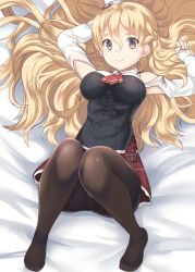 Rule 34 | 10s, 1girl, bad id, bad pixiv id, bare shoulders, black pantyhose, blonde hair, blush, braid, breasts, brown eyes, detached sleeves, eko, french braid, hat, kantai collection, knees together feet apart, large breasts, long hair, long sleeves, looking at viewer, lying, on back, pantyhose, shirt, skirt, smile, solo, wavy hair, white shirt, zara (kancolle)