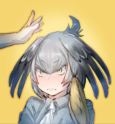 Rule 34 | &gt;:(, 1girl, ^^^, ahoge, alternate hairstyle, bird wings, black hair, blonde hair, bow, bow (bhp), closed mouth, collared shirt, feathered wings, forehead, frown, green eyes, grey shirt, hair bow, head wings, kemono friends, low ponytail, medium hair, multicolored hair, necktie, nervous, out of frame, shirt, shoebill (kemono friends), short sleeves, silver hair, simple background, solo focus, upper body, v-shaped eyebrows, wavy mouth, white neckwear, wings, yellow background, yellow bow