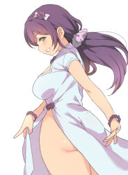 Rule 34 | 1girl, alternate costume, breasts, china dress, chinese clothes, dress, duke (inu daimyou), green eyes, hair ornament, hair scrunchie, large breasts, long hair, looking at viewer, love live!, love live! school idol project, low twintails, no panties, pink scrunchie, purple hair, scrunchie, simple background, smile, solo, tojo nozomi, twintails, white background