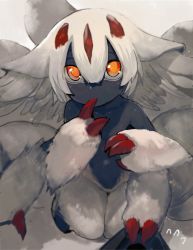 Rule 34 | 1girl, animal ears, animal hands, black skin, bright pupils, claws, colored skin, dark-skinned female, dark skin, extra arms, faputa, finger in own mouth, flying sweatdrops, hair between eyes, kneeling, looking at viewer, made in abyss, monster girl, orange eyes, pov, short hair, solo focus, walzrj, white hair