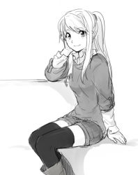 Rule 34 | 1girl, boots, earrings, fullmetal alchemist, greyscale, hand on own cheek, hand on own face, jewelry, long hair, long sleeves, looking at viewer, monochrome, ponytail, riru, shorts, simple background, sitting, smile, solo, solo focus, thighhighs, white background, winry rockbell