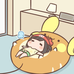 Rule 34 | 1girl, puff of air, alolan form, alolan raichu, barefoot, beanie, blush stickers, cafe (chuu no ouchi), chibi, closed eyes, commentary request, creatures (company), eyelashes, game freak, gen 7 pokemon, green shorts, hat, indoors, lamp, lowres, lying, medium hair, nintendo, on back, outstretched arms, pokemon, pokemon (creature), pokemon sm, red headwear, selene (pokemon), shirt, short sleeves, shorts, t-shirt, tied shirt, yellow shirt