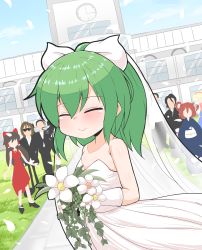 Rule 34 | 4boys, 4girls, absurdres, alice margatroid, alternate costume, black kimono, black pants, blonde hair, blush, bouquet, bow, breasts, bridal veil, brown hair, character request, clock, closed eyes, closed mouth, commentary request, cookie (touhou), cowboy shot, daiyousei, day, diyusi (cookie), dress, flower, gloves, gyakutai ojisan, hair between eyes, hair bow, hairband, hakurei reimu, highres, hinase (cookie), hirano gengorou, holding, holding bouquet, japanese clothes, kimono, long hair, manatsu no yo no inmu, multiple boys, multiple girls, noel (cookie), onozuka komachi, outdoors, pants, ponytail, red dress, red hair, red hairband, rnt (251139), shirt, shishou (cookie), sleeveless, sleeveless dress, small breasts, smile, solo focus, standing, strapless, strapless dress, sunglasses, takuya (acceed), touhou, two side up, veil, wedding dress, white bow, white flower, white gloves, white shirt