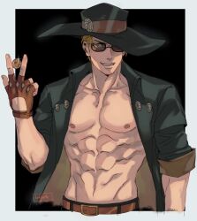 Rule 34 | 1boy, abs, bara, bare pectorals, belt, blonde hair, coin, cropped torso, fingerless gloves, gloves, grin, guilty gear, guilty gear strive, hat, highres, holding, holding coin, jacket, johnny (guilty gear), long hair, looking at viewer, male focus, muscular, muscular male, navel, open clothes, open jacket, pectorals, smile, solo, stomach, sunglasses, tirtyturtle