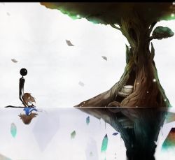 Rule 34 | 1girl, deemo, deemo (character), different reflection, closed eyes, girl (deemo), lestored cro, magnolia (deemo), petals, reflection, sitting, smile, spoilers, tree, water